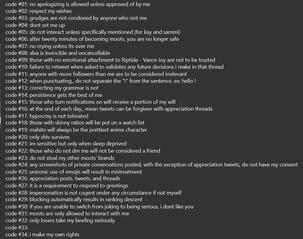 code #01: no apologizing is allowed unless approved of by me code #02: respect my wishes code #03: grudges are not condoned by a
